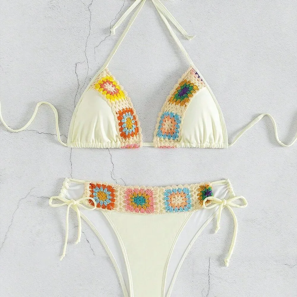 Beige Women's Beach Floral Print Halter Neck Bikini Set